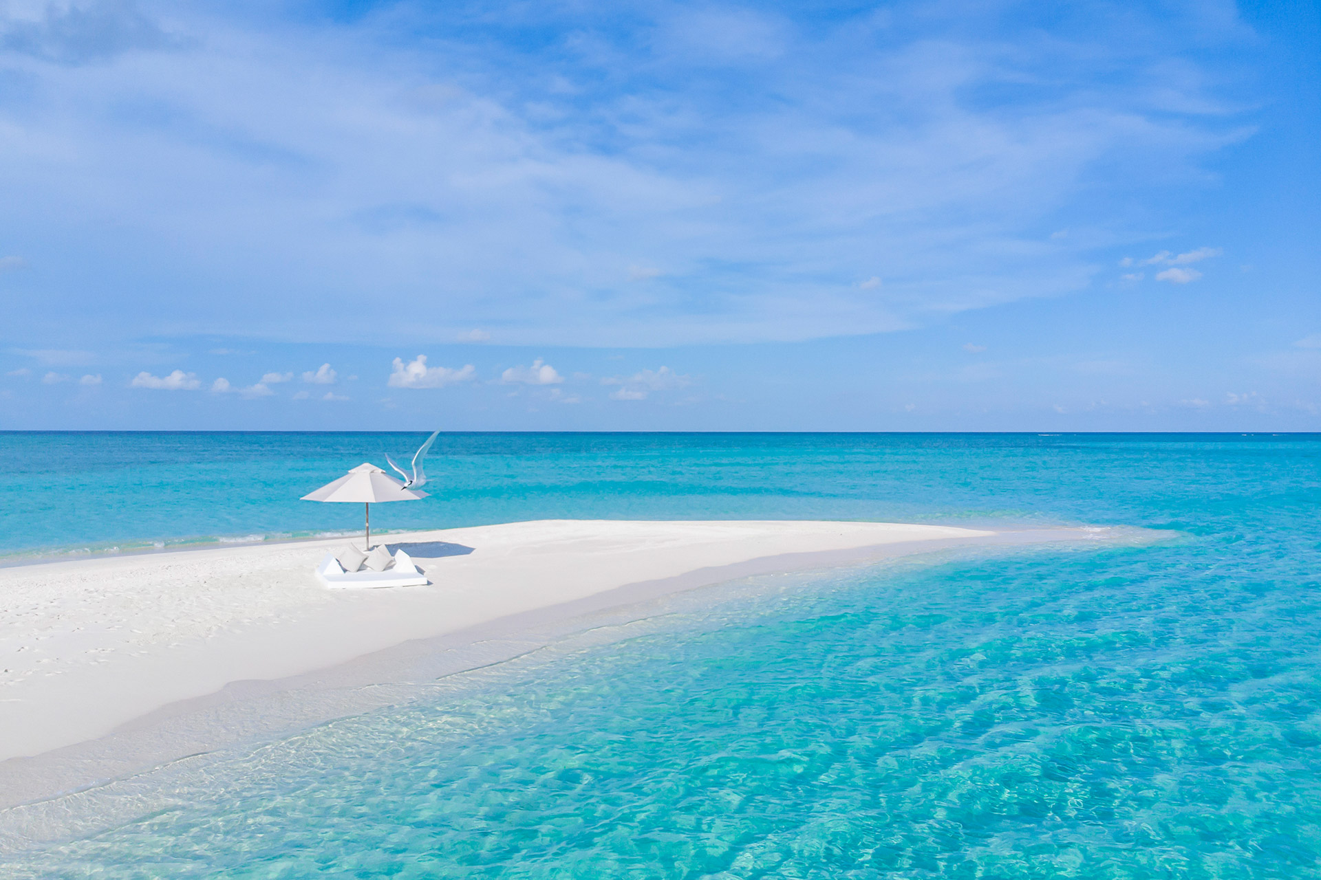 Sandbank mit Sonnenschirm und Liege