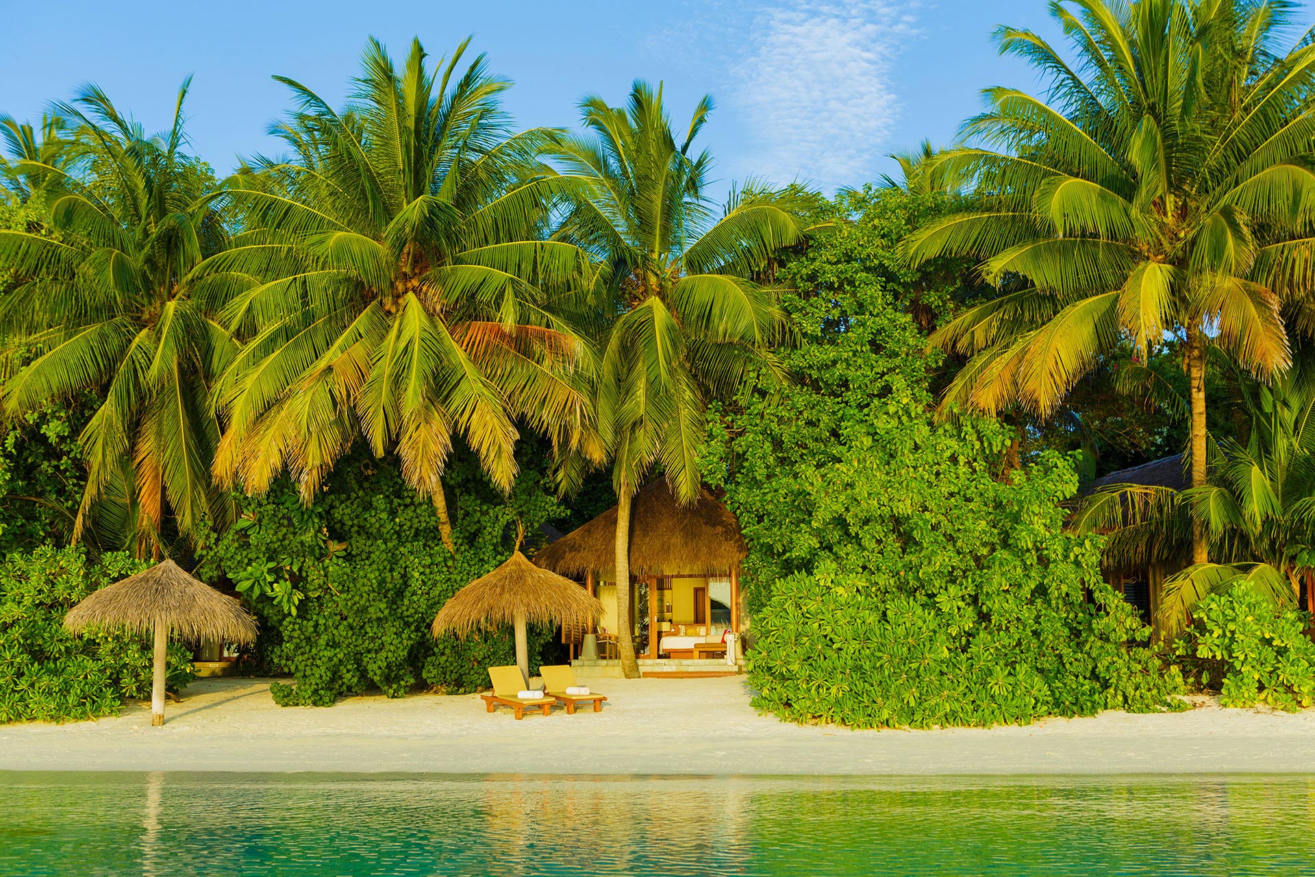 Strandvilla unter tropischen Pflanzen am Meer