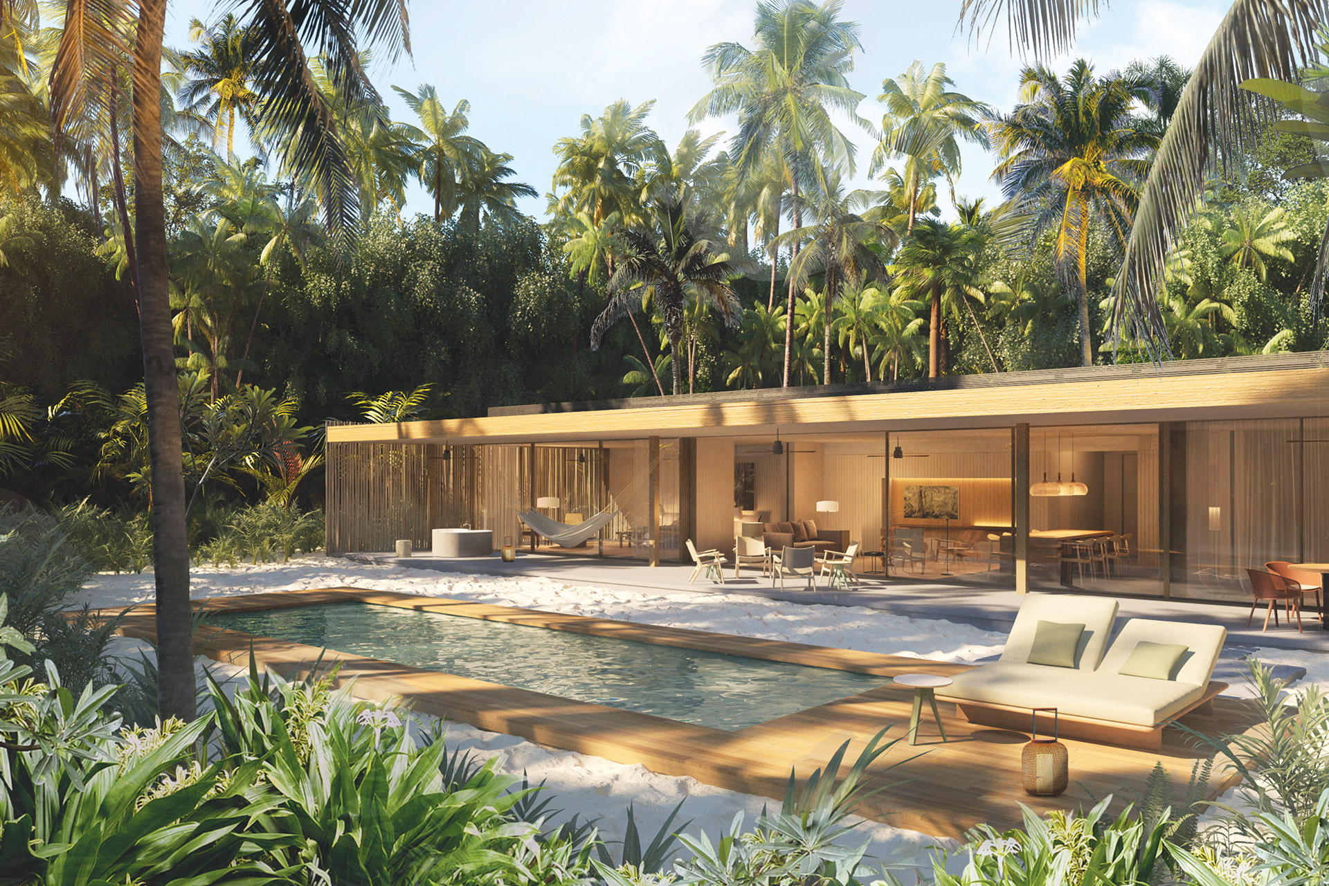 Aussenansicht einer Strandvilla mit flachem Dach