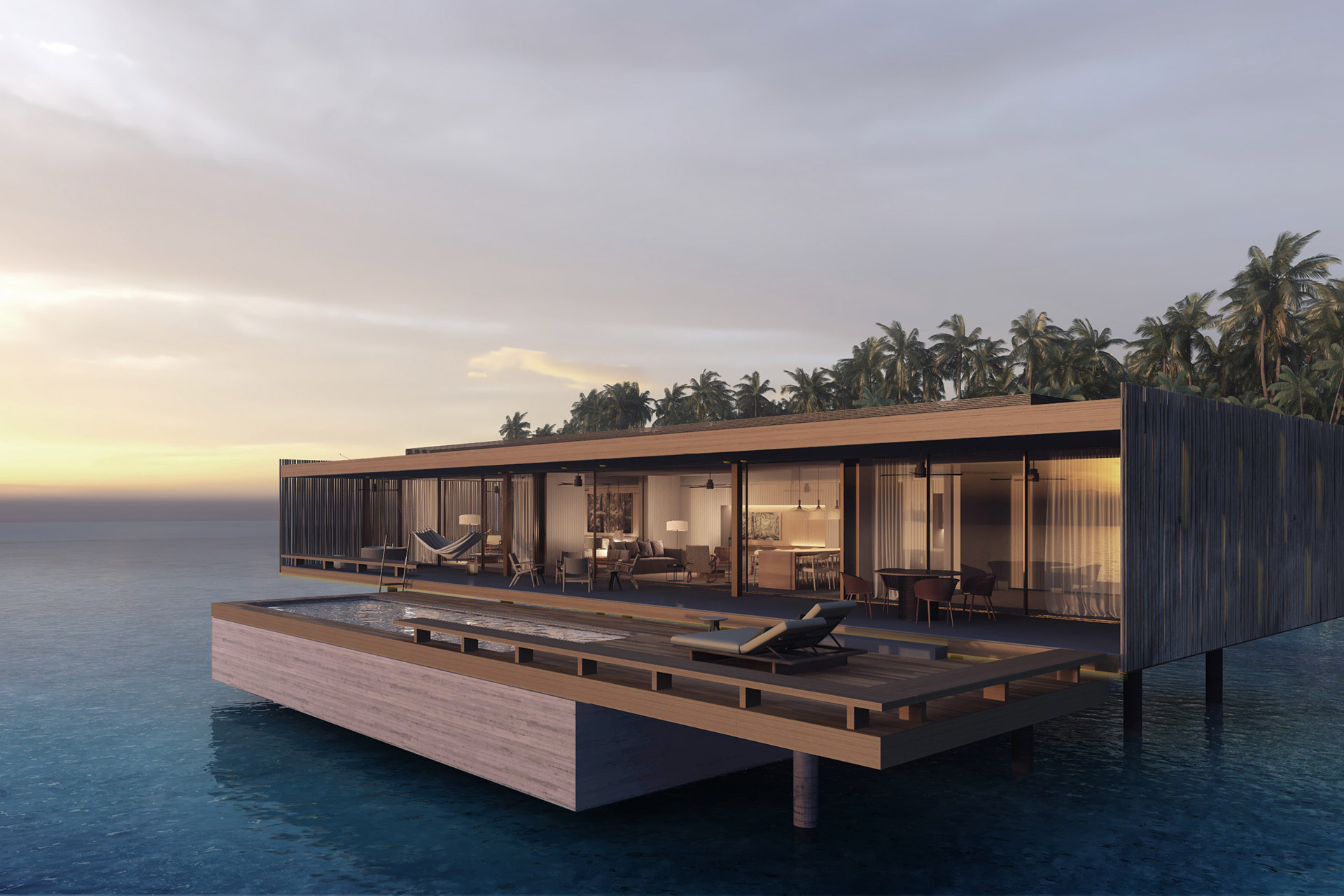 Wasservilla im Abendlicht