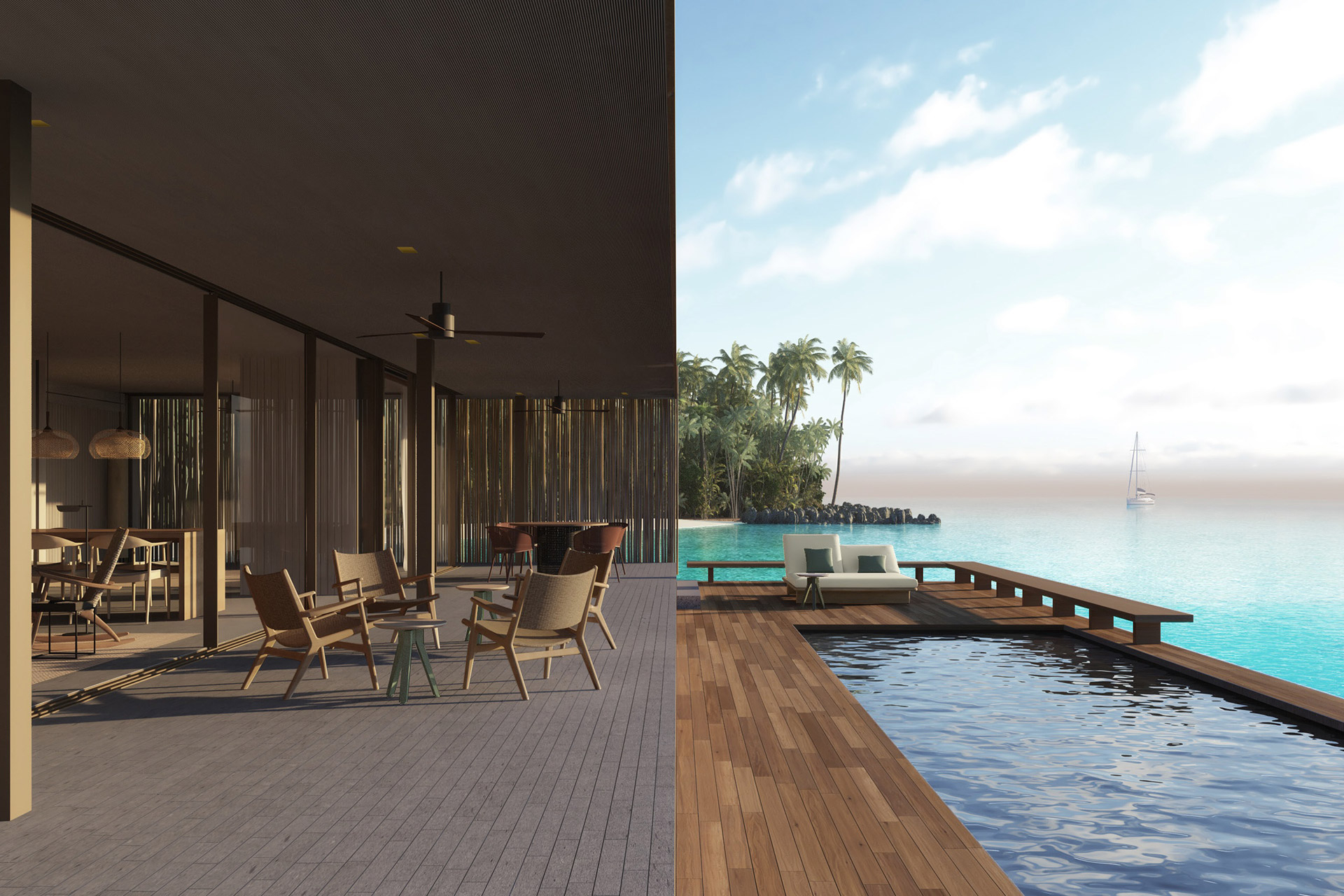 Außendeck einer Wasservilla mit Pool