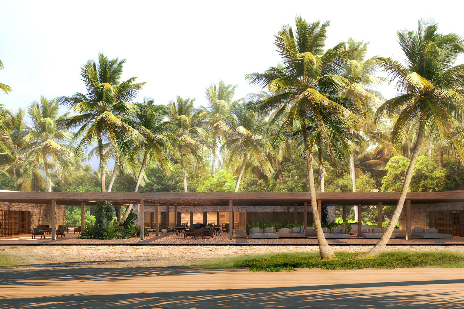 Strand mit Palmen und Restaurants