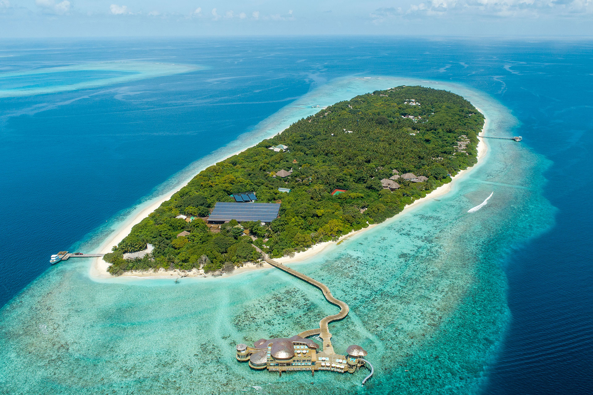 Insel Soneva Fushi aus Vogelperspektive