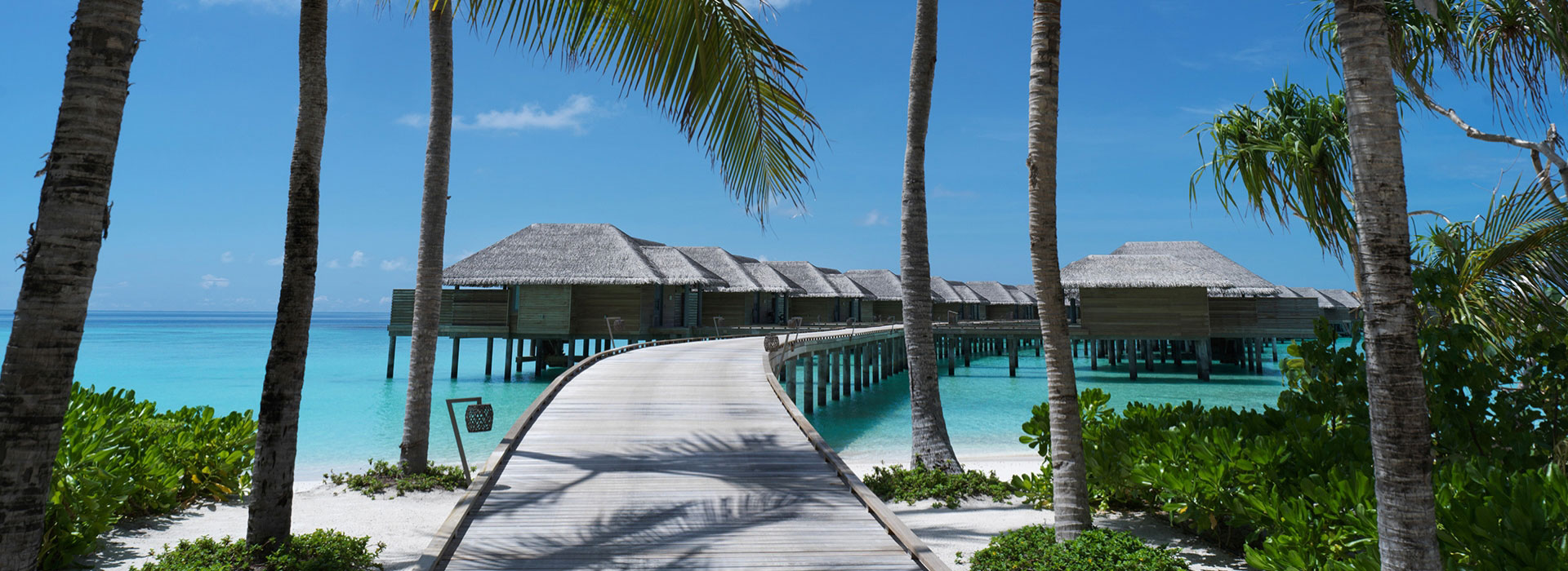 Holzsteg führt zu Wasservillen auf Meer