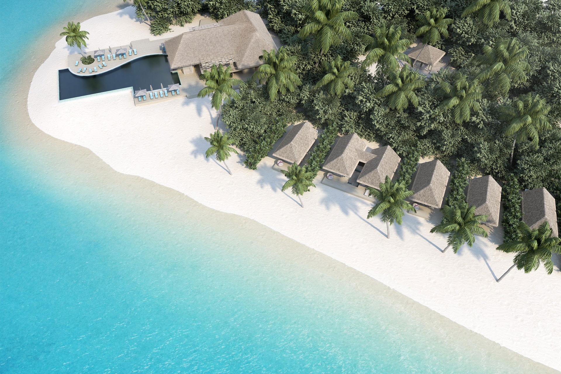 Blick von oben auf Strandvillen