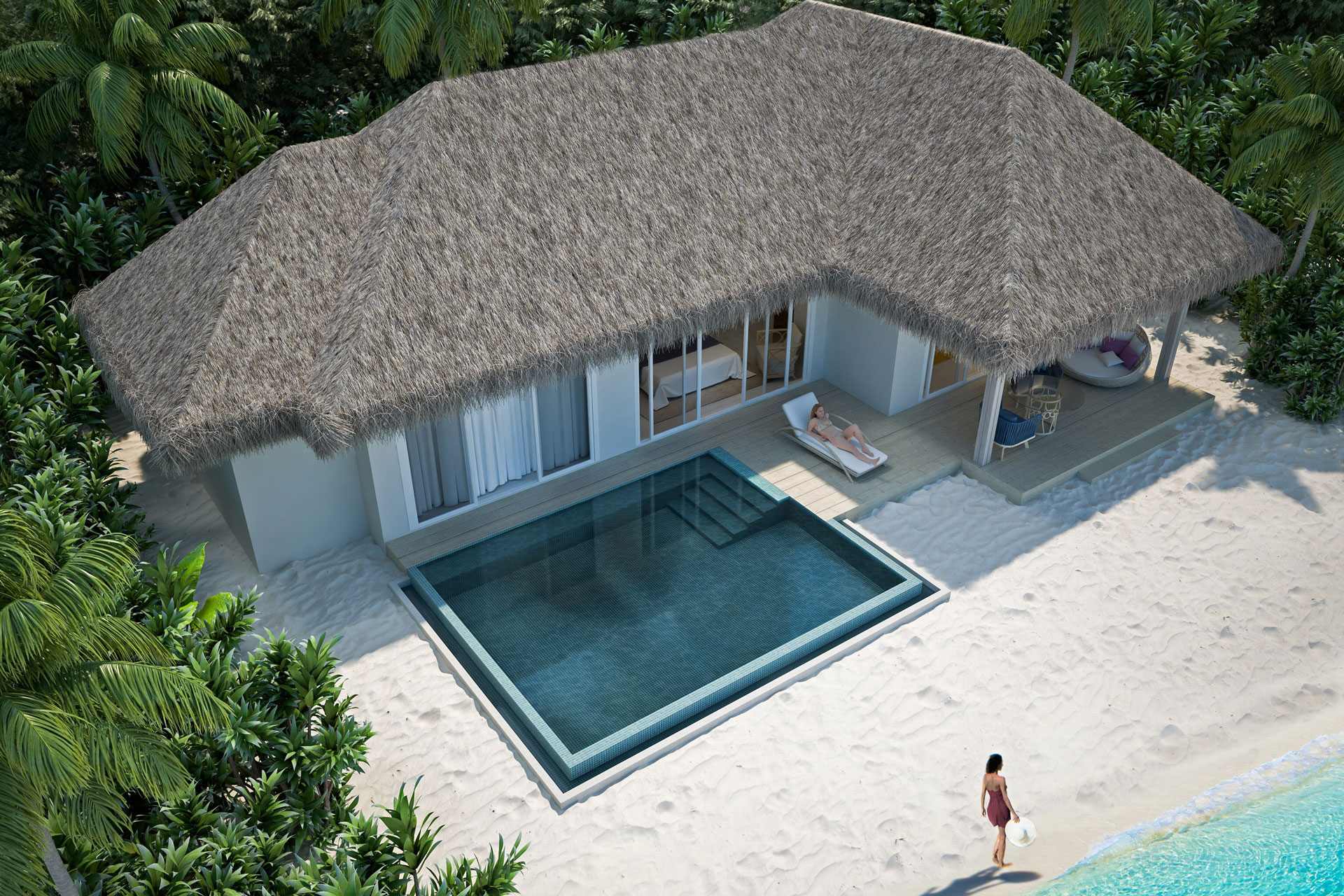 Villa mit direktem Strandzugang aus Vogelperspektive