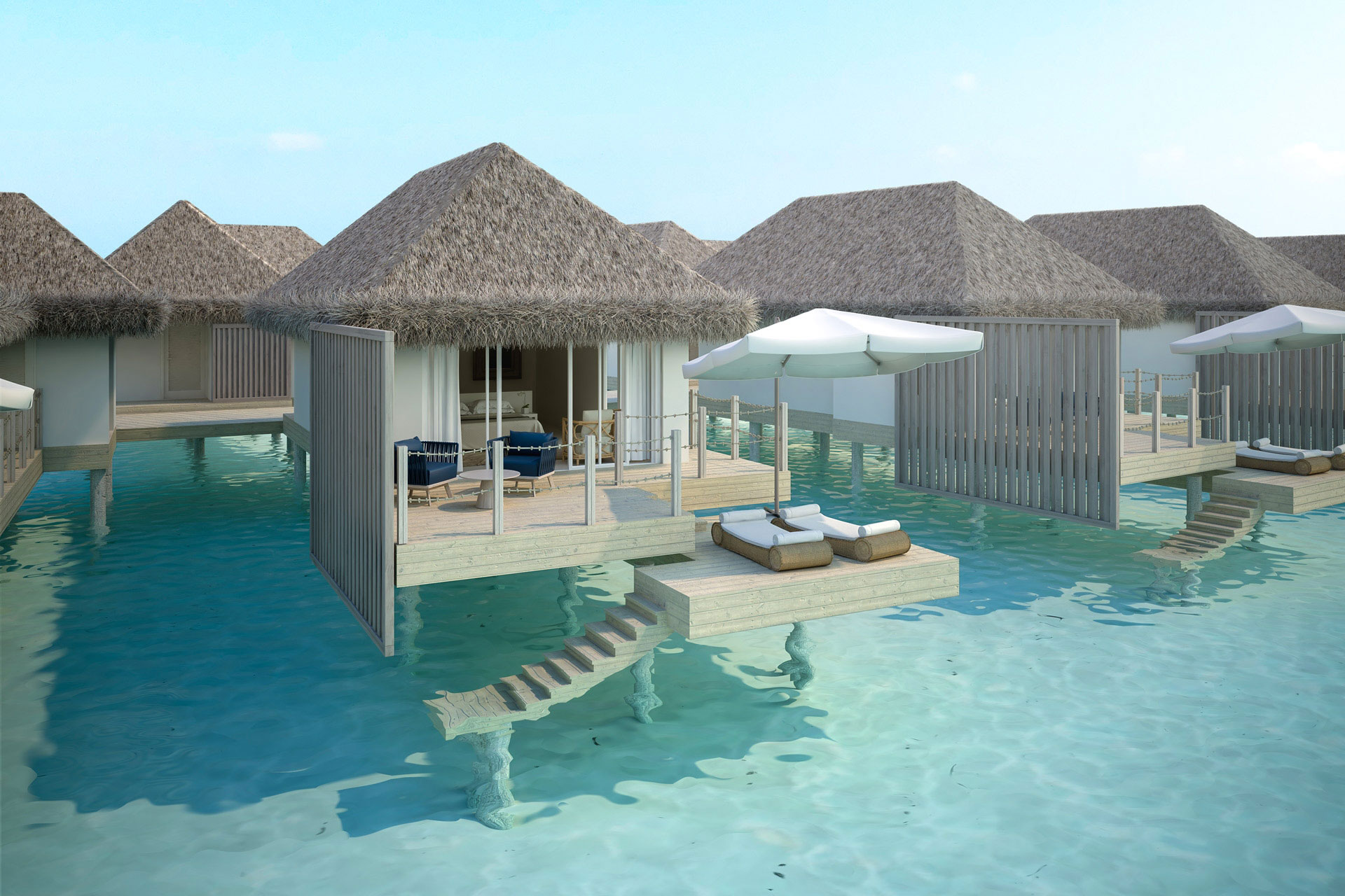 Aussenansicht einer Wasservilla über Lagune