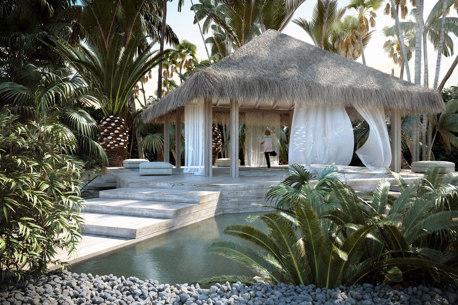Blick auf Yogapavillion unter Palmen